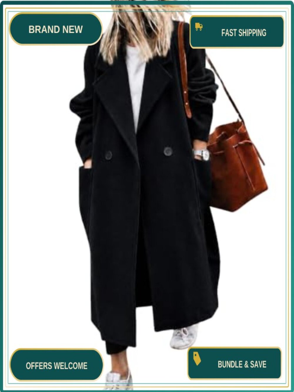 Womens Long Wool Blend Trench Coat Notch Lapel Peacoat